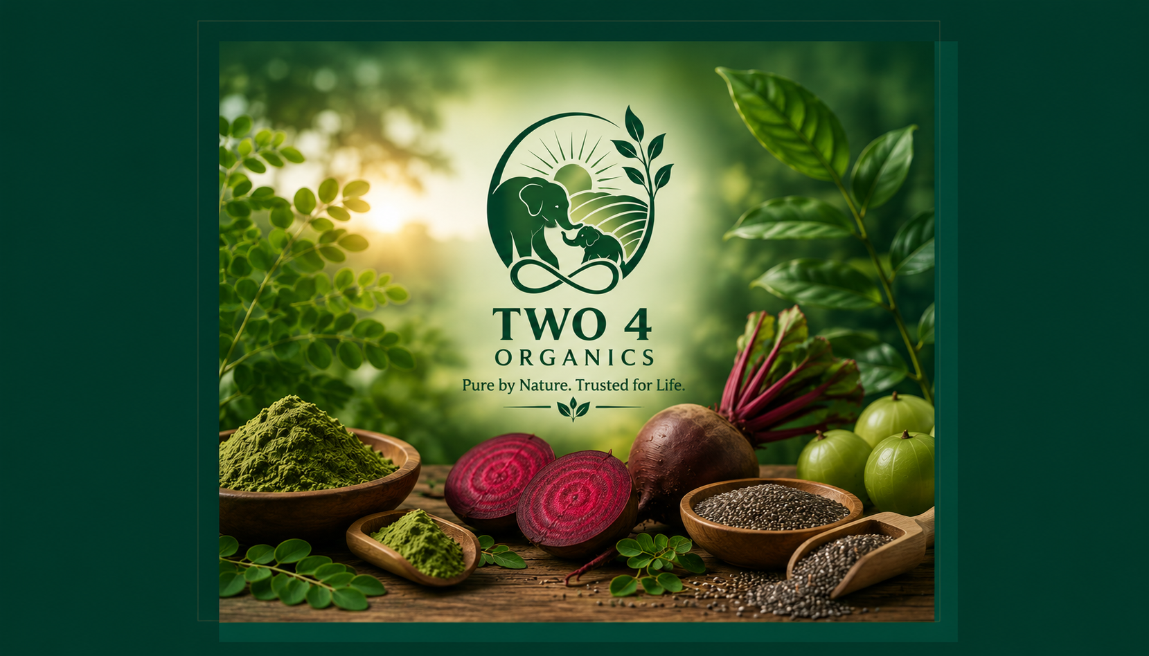 TWO 4 ORGANICS — moringa, beetroot, amla and chia arranged on a wooden table