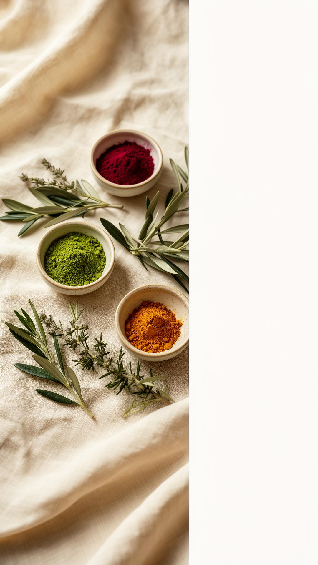 Organic moringa, beetroot and turmeric powders styled on ivory linen with botanical sprigs