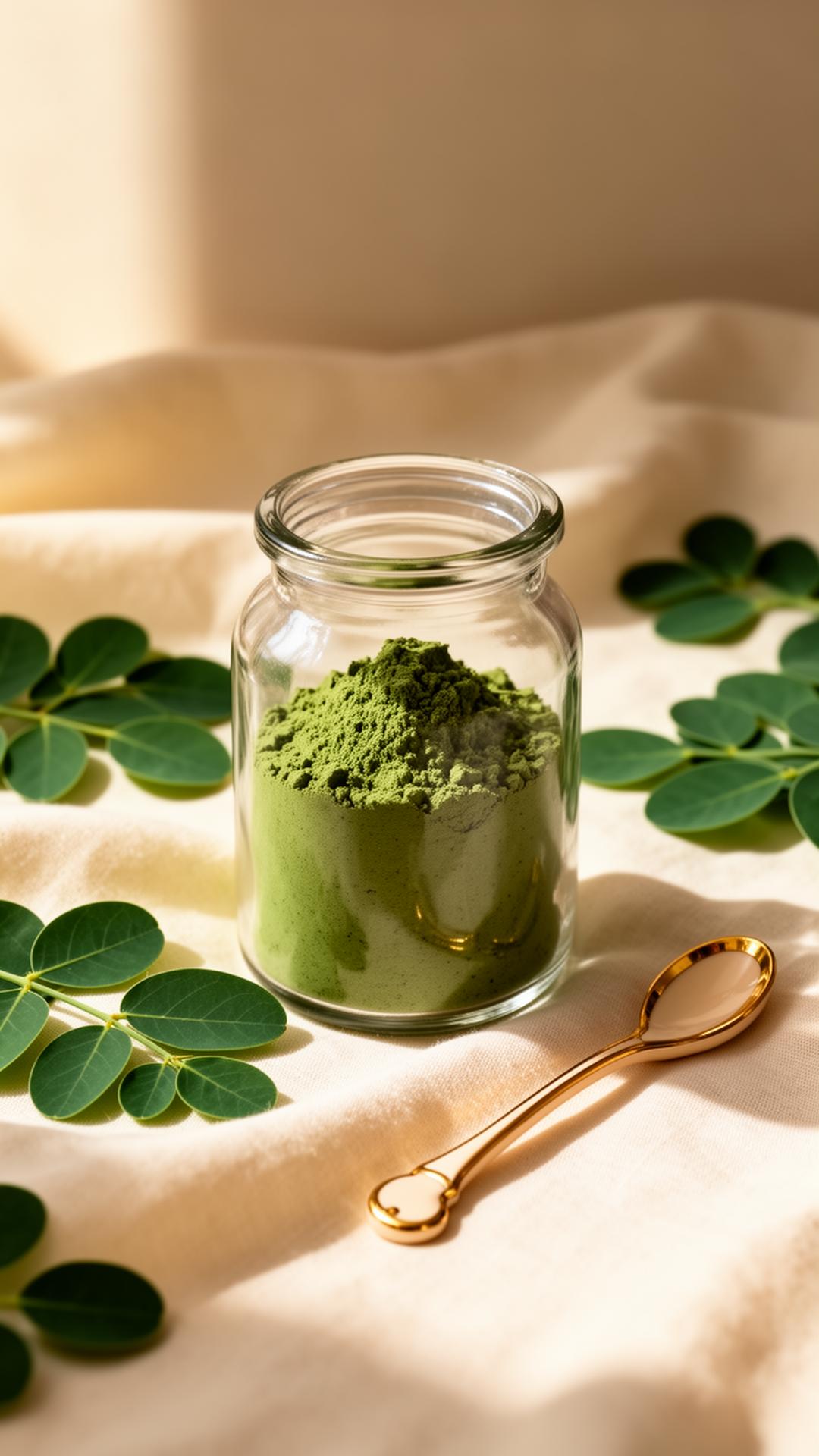Glass jar of moringa powder with fresh leaves and a gold spoon on warm ivory linen